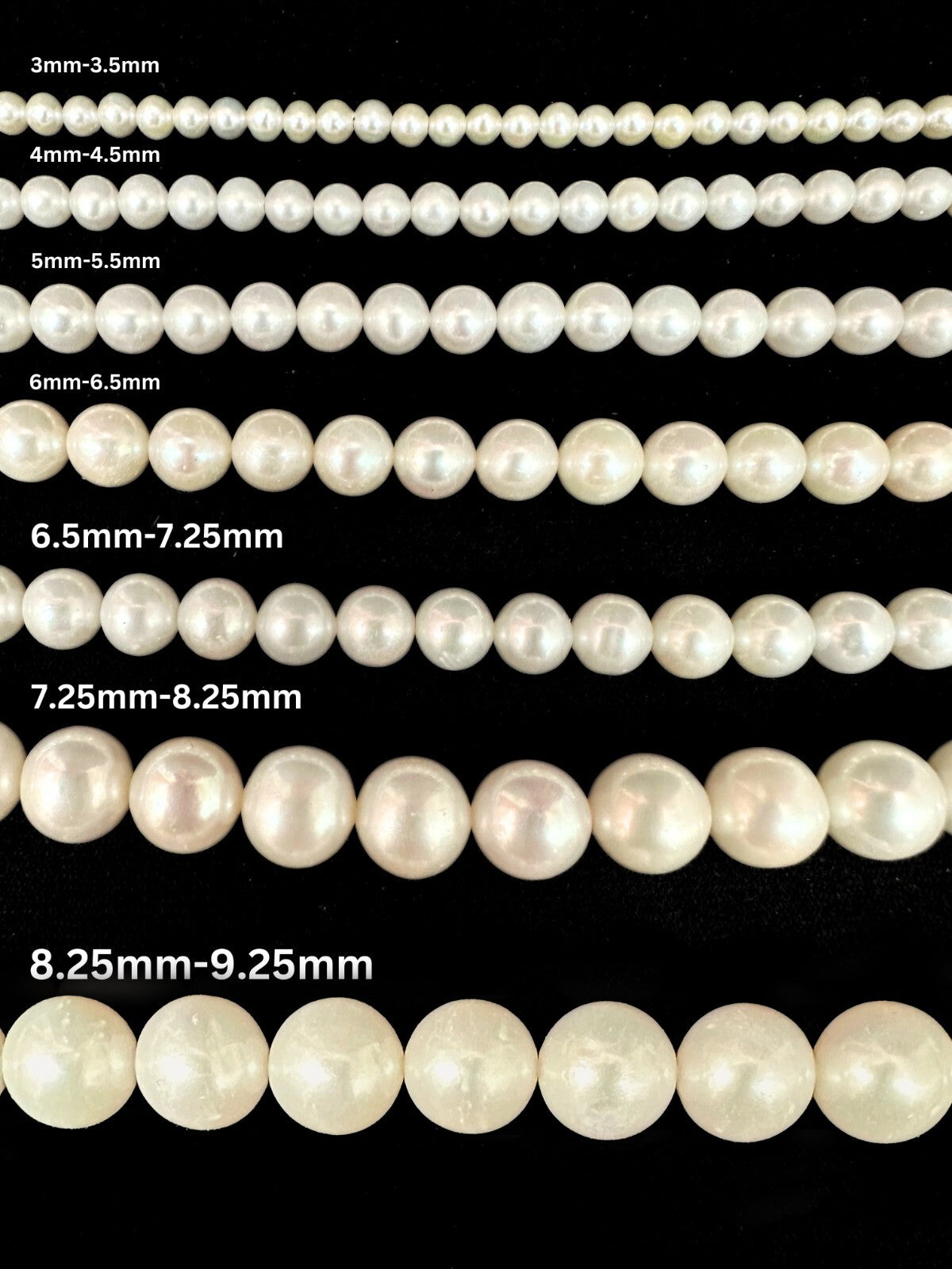 Grade AAA Fresh Water Pearl Round White 3mm-9.25mm in Strand 15.5"
