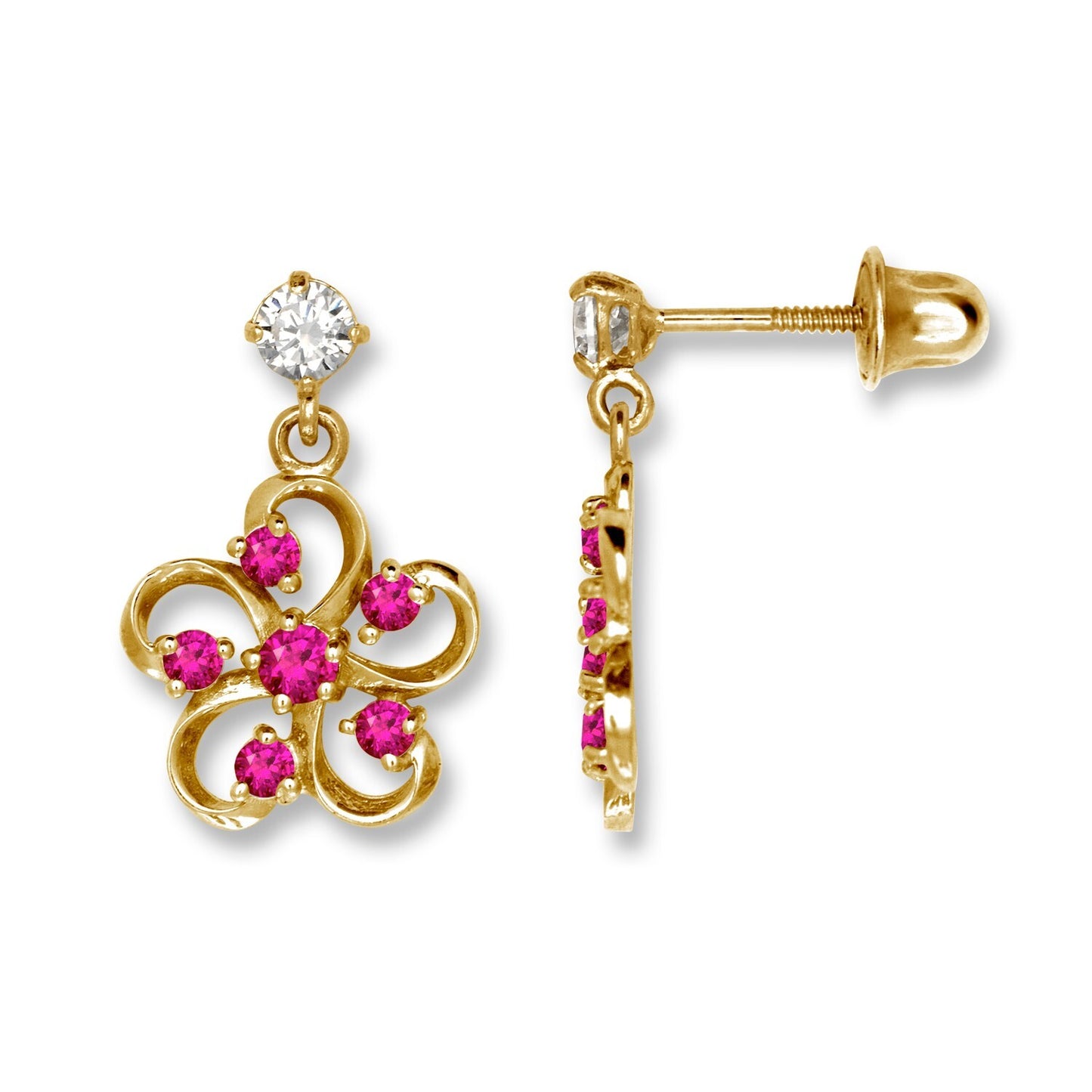 14K Yellow & White Gold Flower Screw Back Dangle Earrings for Women