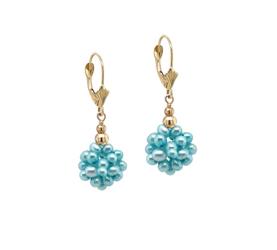 14k Yellow Gold Dangle Freshwater Pearl Cluster Leverback Earrings