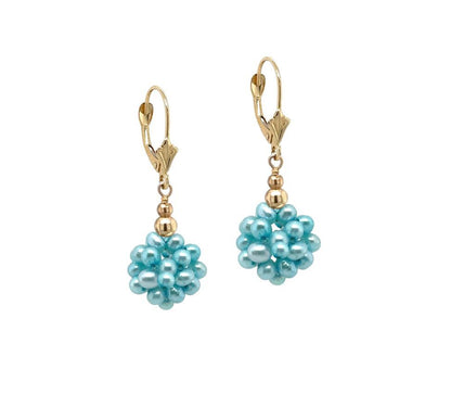 14k Yellow Gold Dangle Freshwater Pearl Cluster Leverback Earrings