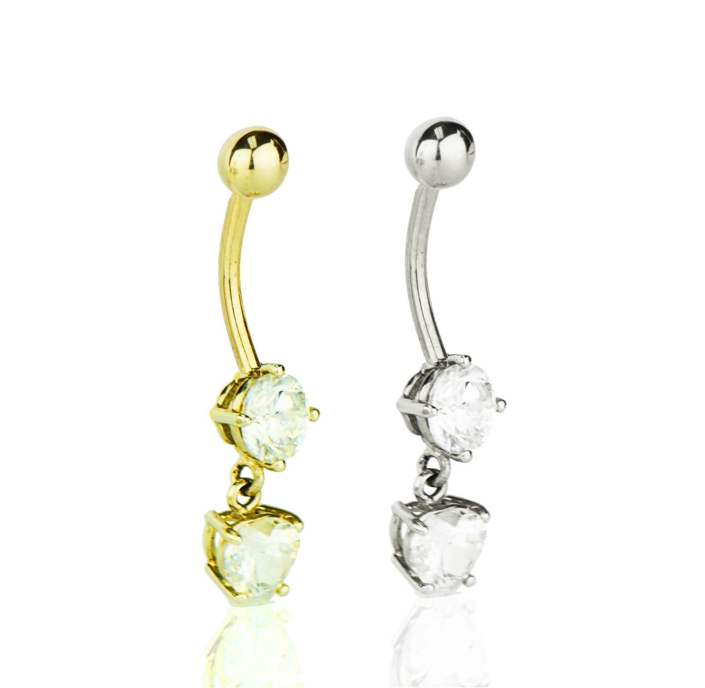 14k Yellow or White Gold Belly Button Dangle CZ Barbel Bar Ring