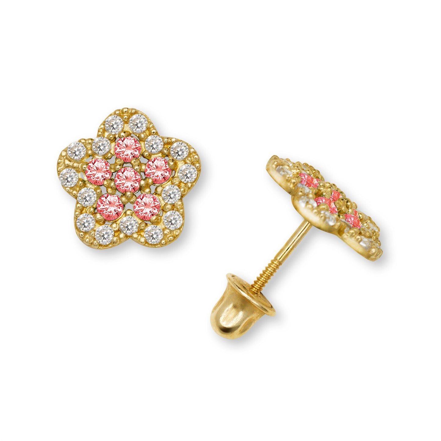 14K Yellow & White Gold Beautiful CZ Flower Earrings for Girls