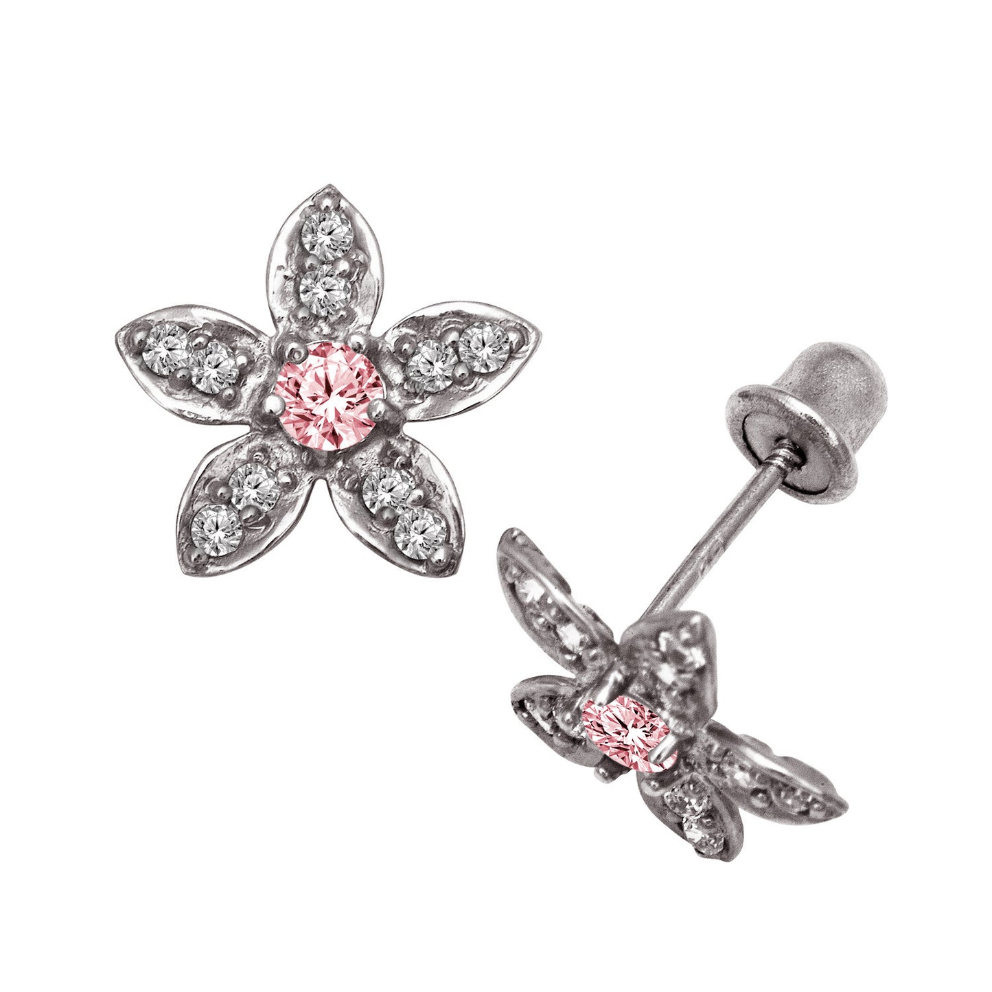 14k Yellow or White Gold CZ Flower Birthstone Stud Screw Back Earrings
