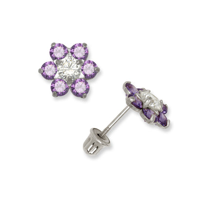 14k White Gold CZ Flower Birthstone Stud Screw Back Earrings