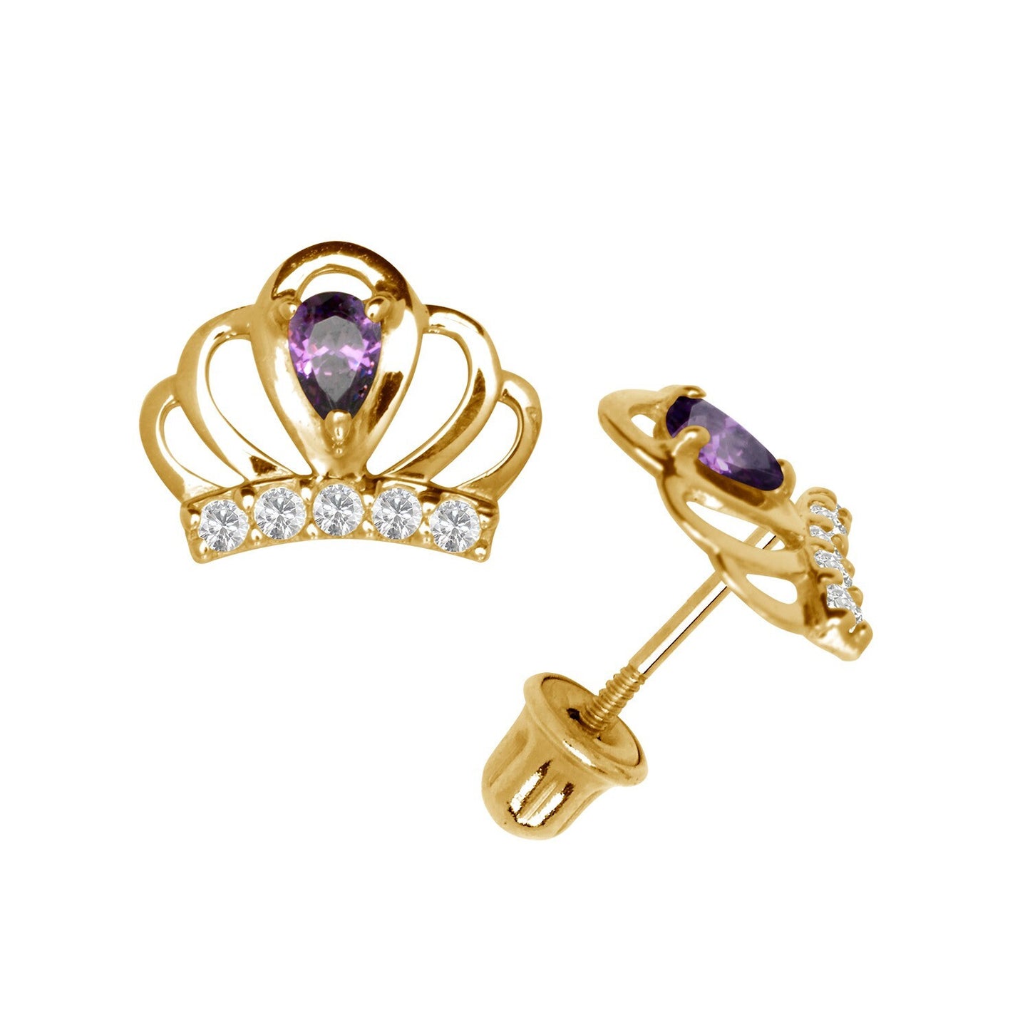 14k Yellow & White Gold CZ Crown Baby Screw Back Stud Earring for Girls