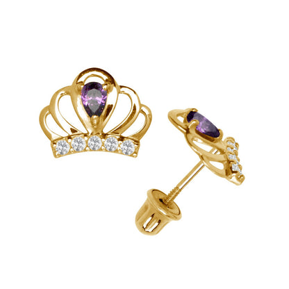 14k Yellow & White Gold CZ Crown Baby Screw Back Stud Earring for Girls