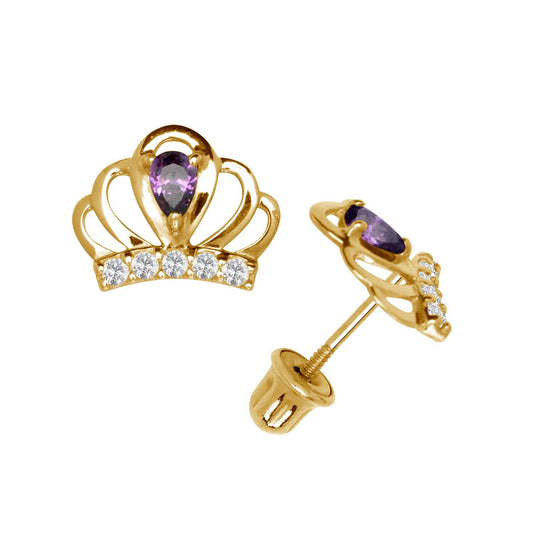 14k Yellow & White Gold CZ Crown Baby Screw Back Stud Earring for Girls