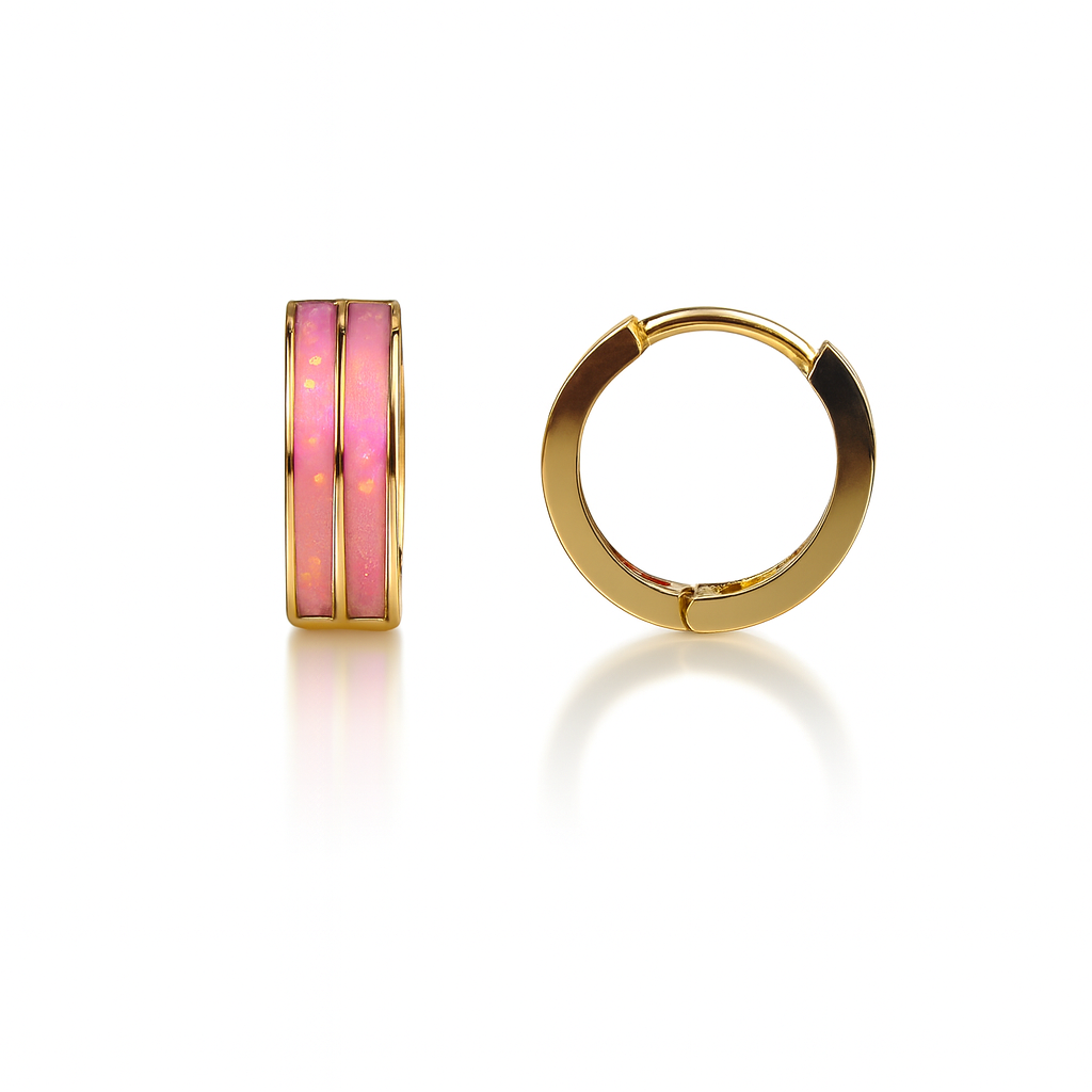 14k Yellow/White Gold Double Row Pink Opal Huggie Hoop Earrings