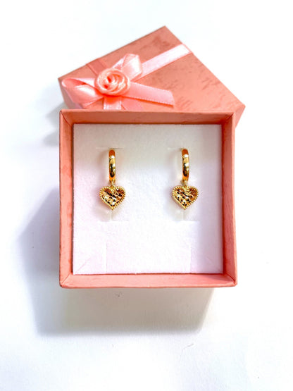 14k Yellow and Rose Gold Dangle Heart Hoop Huggie Earrings