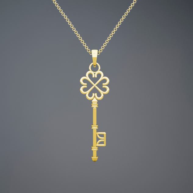 Design Key Pendant Solid 14K Yellow & White Gold For Women