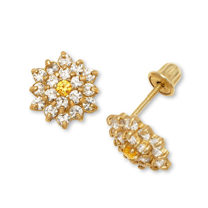 14K Yellow Gold CZ Flower Stud Earrings for Women