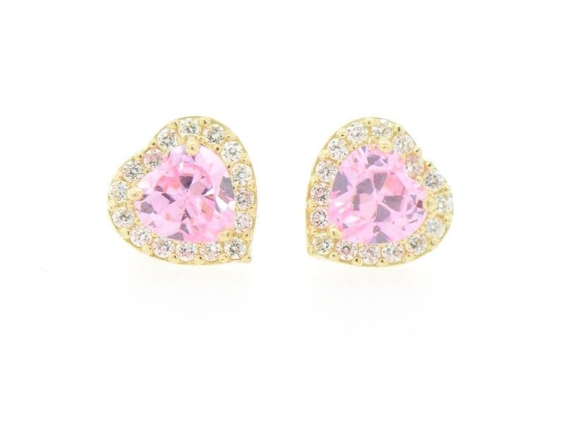 14K Yellow Gold Halo Heart CZ Stud Earrings Screw Back
