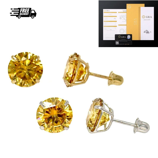 14K Gold GRA Certified D-VVS1 Round Yellow Moissanite Screw Back Studs Earrings