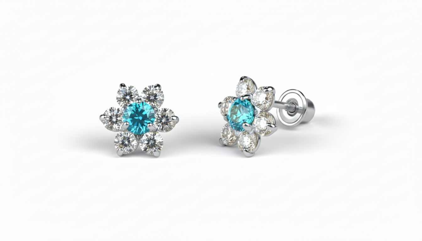 14K White Gold Beautiful Flower CZ Stud Earrings for Women