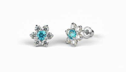 14K White Gold Beautiful Flower CZ Stud Earrings for Women
