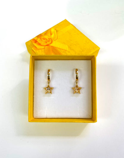 14k Yellow and Rose Gold Dangle Star Hoop Huggie Earrings