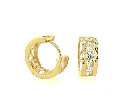14k Yellow Gold Diamond Cut with Clear Birthstone Huggie Earrings