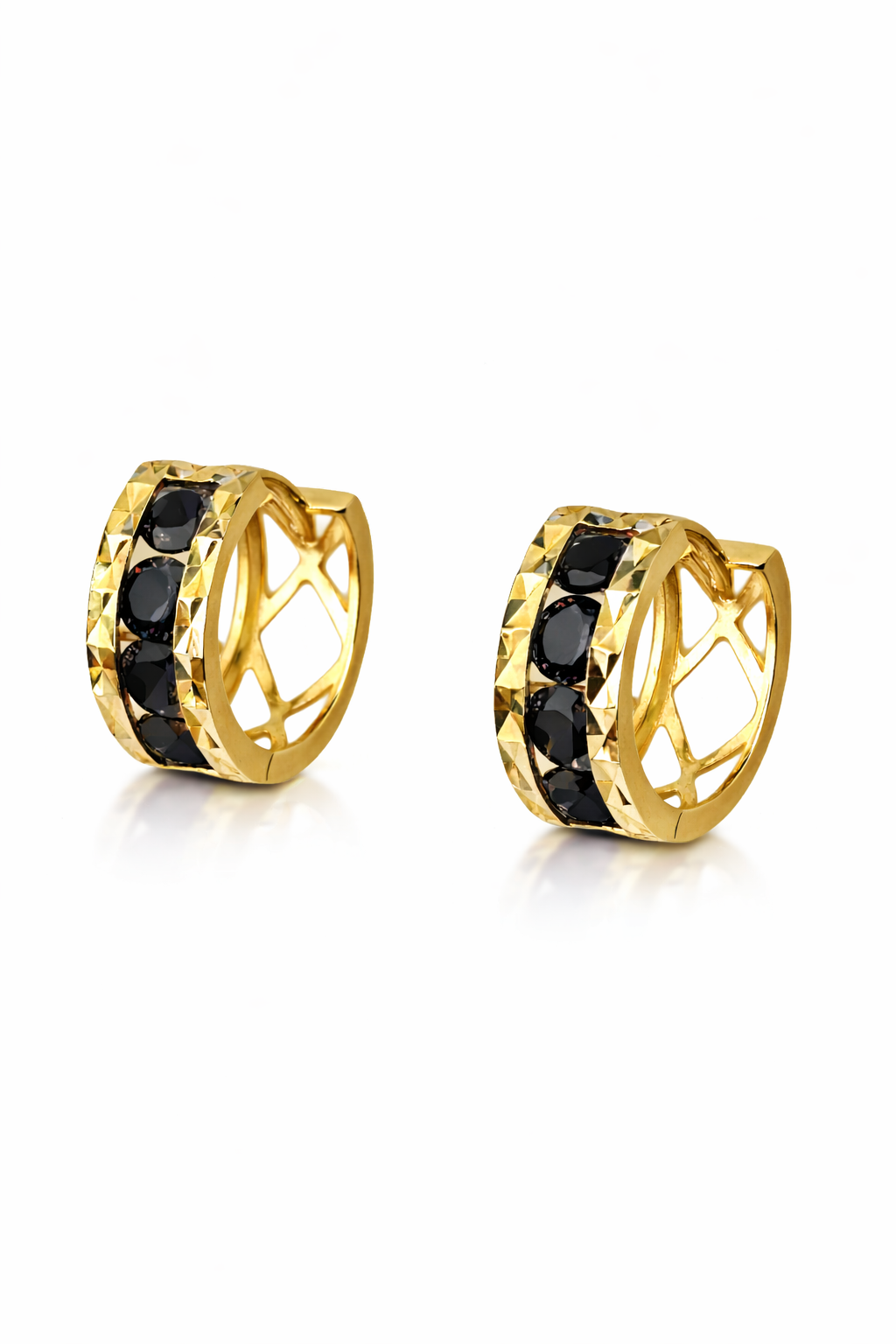 14k Yellow Gold Diamond Cut with Black CZ Huggie Earrings