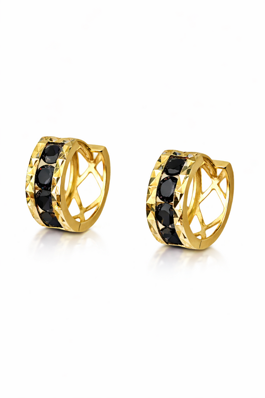 14k Yellow Gold Diamond Cut with Black CZ Huggie Earrings