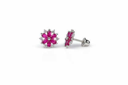 14K  White Gold Beautiful CZ Flower Stud Earrings for Women