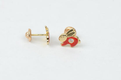 14k Yellow Gold Enamel and CZ Rabbit Baby earrings, Screw Back