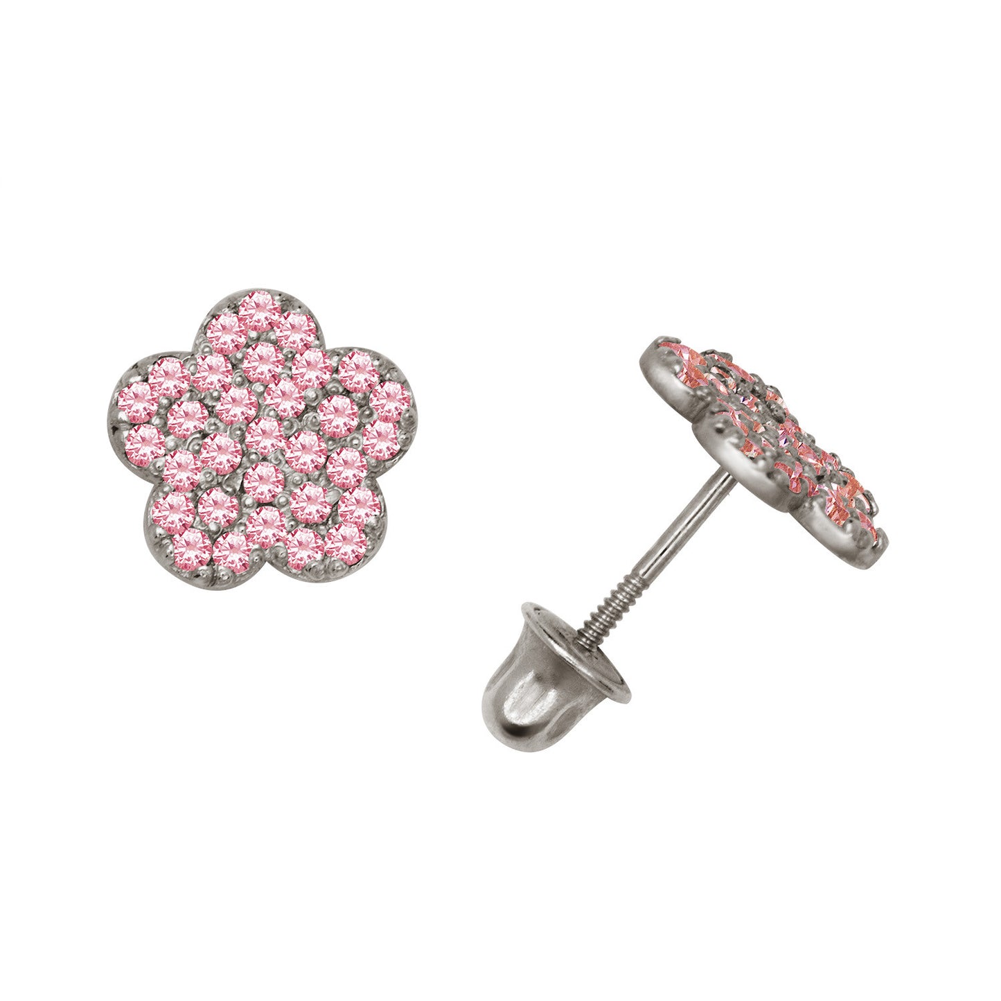 14k Yellow or White Gold CZ Flower Birthstone Stud Screw Back Earrings
