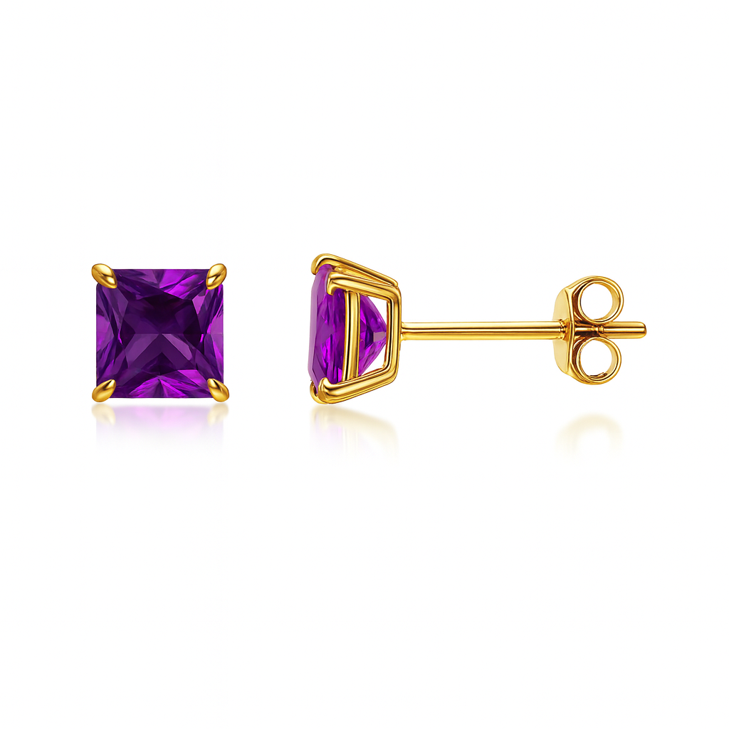 14k Yellow Gold Square Princess Cut Birthstone 5mm CZ Stud Earrings for Women