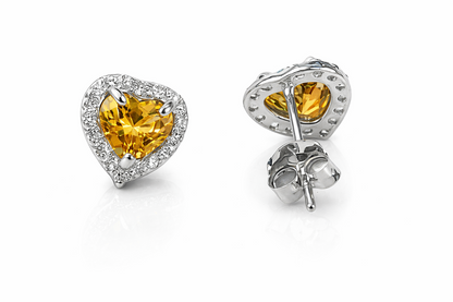 14k Solid White Gold Halo Heart Stud Earrings