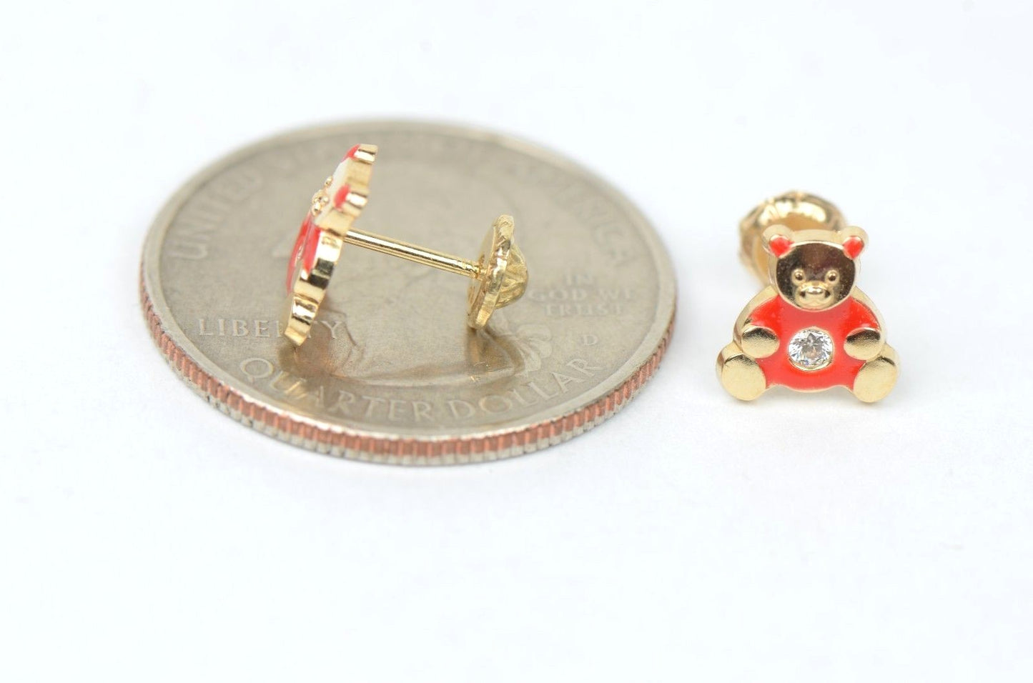 14k Yellow Gold Baby Enamel CZ Teddy Bear earrings, Screw Back