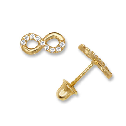 14K Yellow & White Gold small Beautiful CZ Infinity Stud Earrings for Women