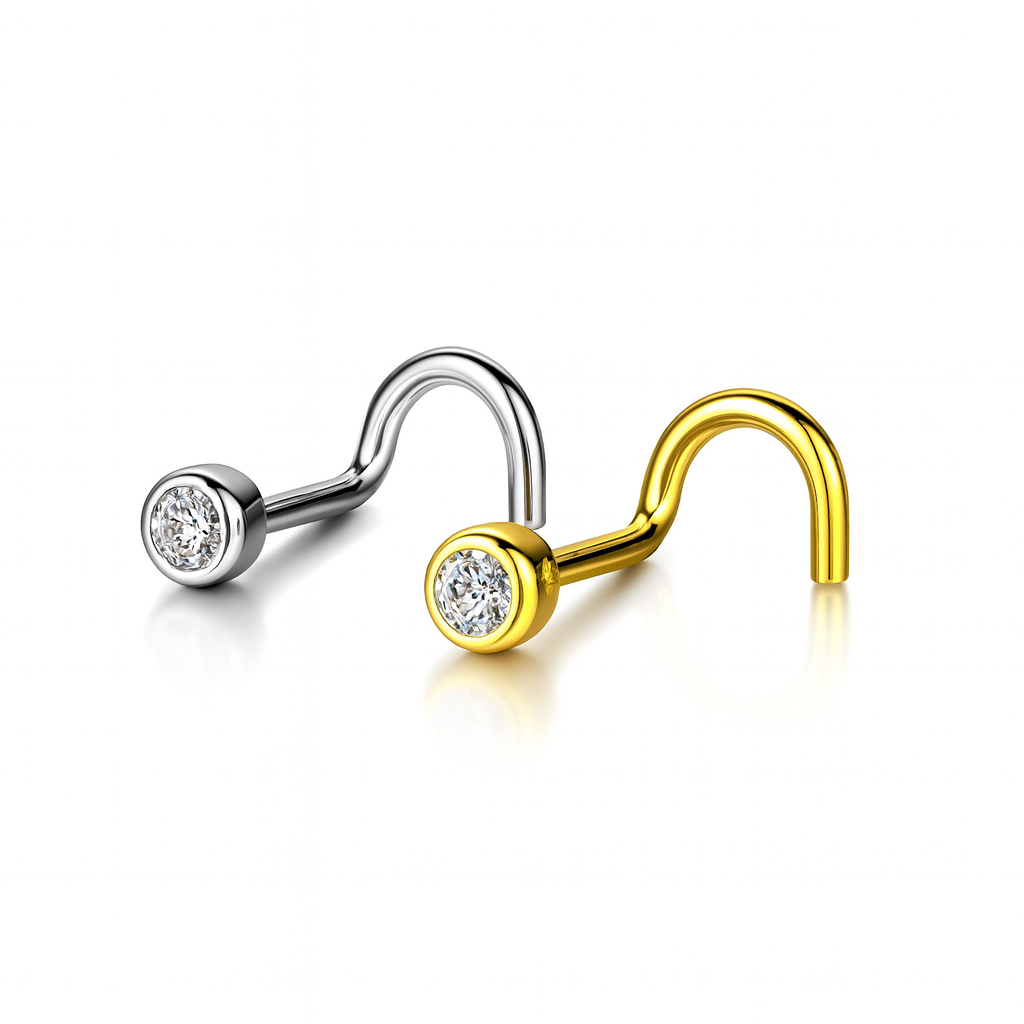 14k Yellow or White Gold CZ Bezel Round Nose Piercing Stud