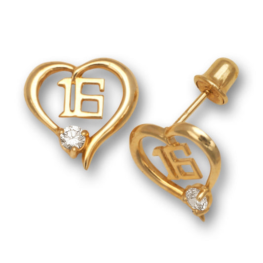 14K Yellow Gold Heart Shaped 16 Number kids Earrings