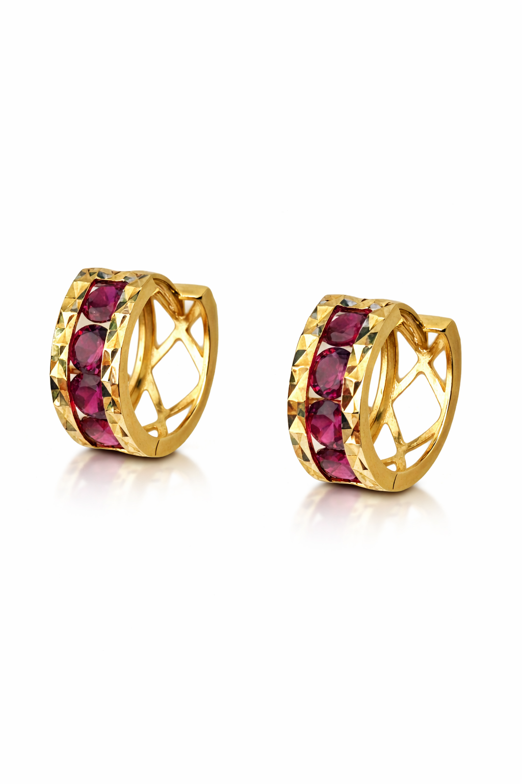 14k Yellow Gold Diamond Cut with Ruby CZ Huggie Earrings