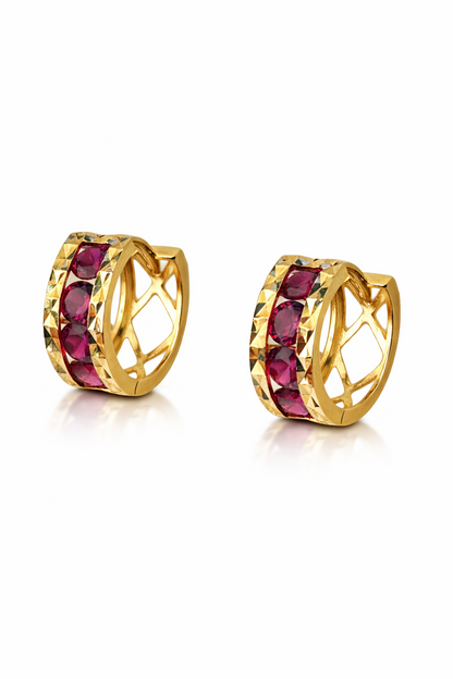 14k Yellow Gold Diamond Cut with Ruby CZ Huggie Earrings