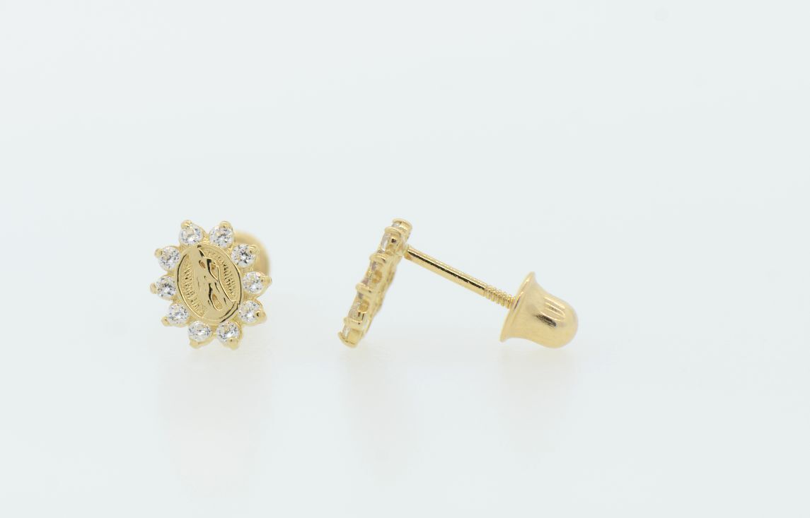 Solid 14K Yellow Gold Guadalupe Virgin Mary Screw Back CZ Stud Earrings