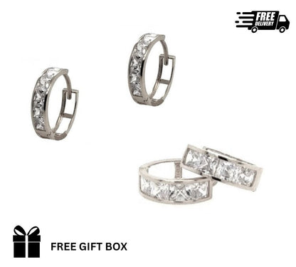 14K White Gold Princess Cut Huggie Hoop Earrings