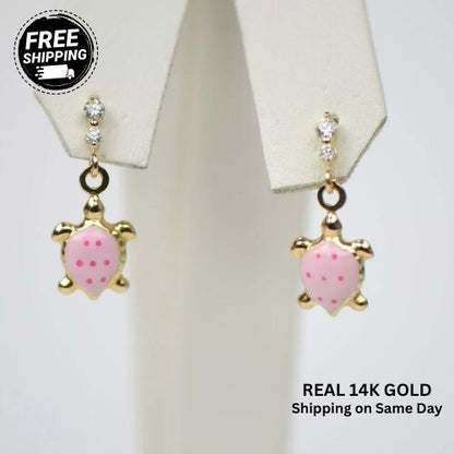 14K Solid Yellow Gold Turtle Enamel Dangle Screw Back Baby Earrings