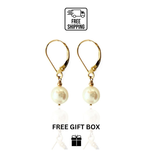 14K Gold Lever Back Earrings with Genuine Freshwater Cultured Pearl 7mm