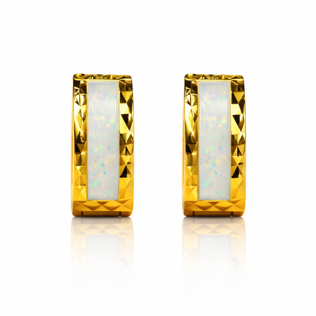 14k Yellow Gold White Opal Huggie Hoop Earrings