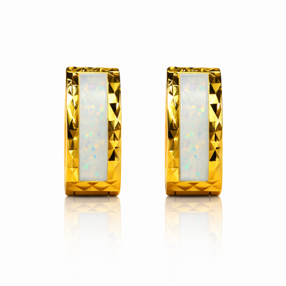 14k Yellow Gold White Opal Huggie Hoop Earrings
