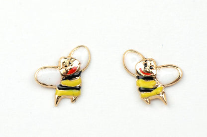 14k Yellow Gold Baby Beautiful Enamel Bee earrings with Screw Back