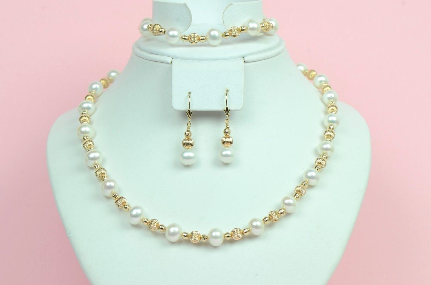 14k Yellow Gold Genuine White Pearls3pcs Set: Necklace,Bracelet,Earrings