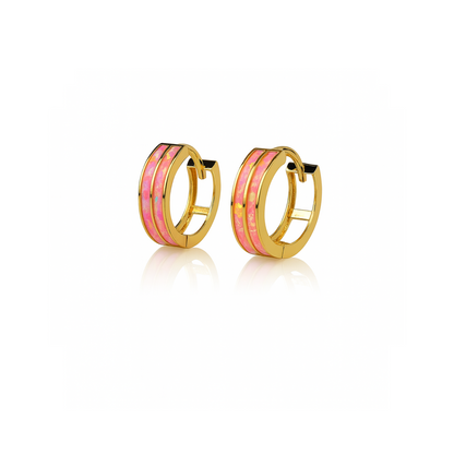 14k Yellow Gold Double Row Hot Pink Opal Huggie Hoop Earrings