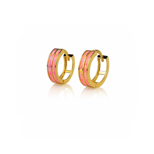 14k Yellow Gold Double Row Hot Pink Opal Huggie Hoop Earrings