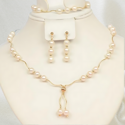 14K Yellow Gold Natural White genuine Pearl Necklace, Bracelet, Earrings Set