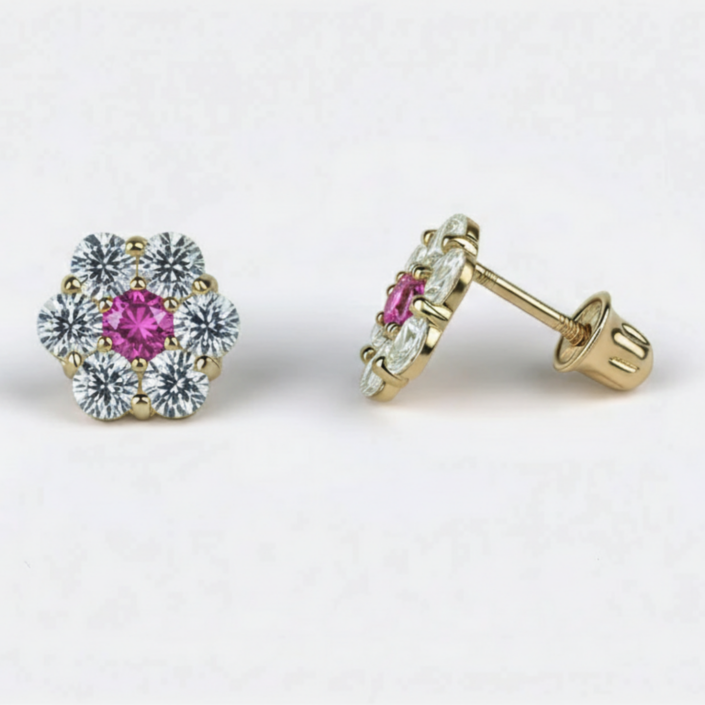 14K Yellow Gold Beautiful Flower CZ Stud Earrings for Women