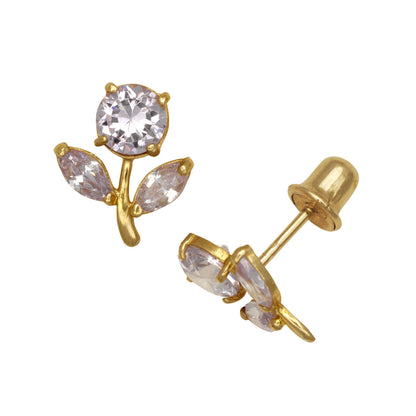14k Yellow Gold CZ Flower Birthstone Stud Screw Back Earrings