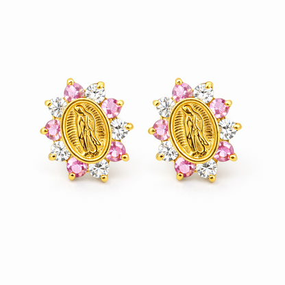 14K Solid Yellow Gold Guadalupe Virgin Mary Screw Back CZ Stud Earrings