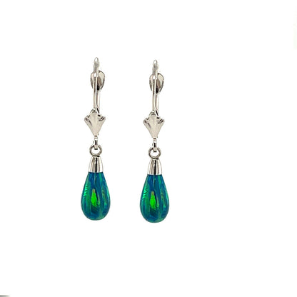 14k-Yellow and White Gold  Dangle Green Opal Leverback Earrings