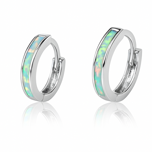 14k White Gold One Row White Opal Huggie Hoop Earrings